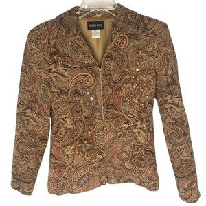 Ellen Figg Jacket Womens Small Brown Paisley Tapestry Zip Beaded Sequin Lined